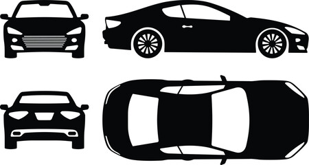 Car silhouette front, side, rear, top view, black vehicle icon, automotive design, transport graphic, isolated, vector illustration © rakib's world