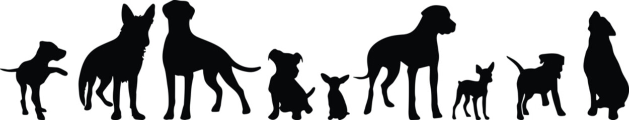 Dog silhouette collection, various breeds, standing pose, pet icon, black vector, animal diversity, canine shape, sitting dog, walking posture, illustration set