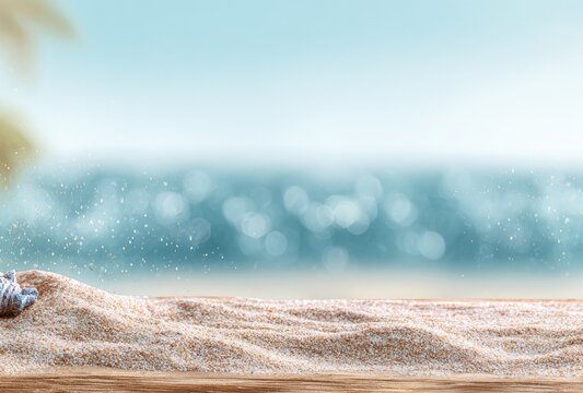 Sunny beach scene with sand on wood. View of sparkling ocean, calming blue sky, and soft palm leaf silhouette. Serene summer background