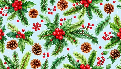 Festive Christmas pattern with holly, pine cones, and berries