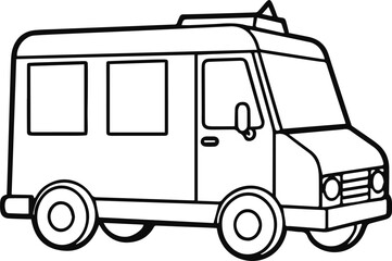 ice cream truck line art, black outline, vector and illustration