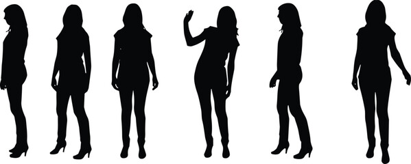 Female silhouette poses, standing figure, fashion stance, gesture icon, body language, black vector, character design, animation reference, stylish posture, illustration set