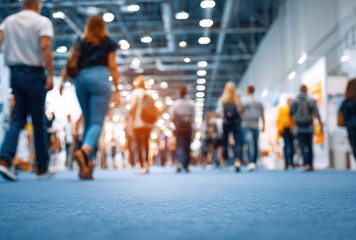 Obraz premium Blurred view of a bustling hall with people walking, showcasing movement on blue carpet with overhead lights