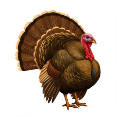 A detailed illustration of a male turkey with brown feathers, a red wattle, and a fanned tail.