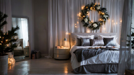 Fototapeta premium Luxury winter bedroom with velvet pillows and fairy lights, calm holiday mood, concept of New Year holiday