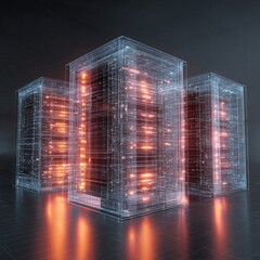 Three transparent server racks, glowing orange, digital rendering