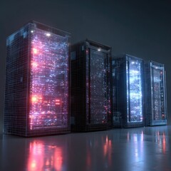 Four futuristic server racks, glowing with vibrant digital circuits, stand in a dark room, reflected on a polished floor