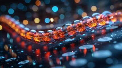 Glowing amber beads form a chain, resting on a dark, reflective surface with bokeh lights