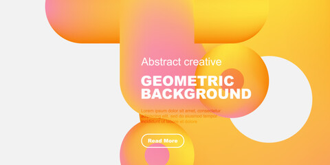 Abstract geometric background features vibrant orange, yellow, pink shapes. Text includes geometric background, plus sample lorem ipsum text, button.