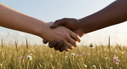 Diverse hands shaking in a sunlit field, symbolizing unity, partnership, and agreement