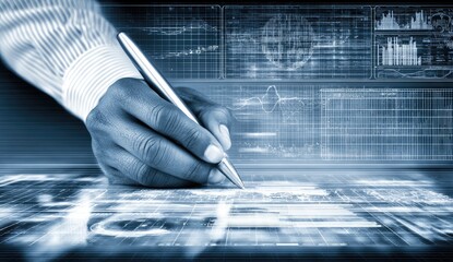 Hand with pen writing on a digital display overlaid with data visualizations