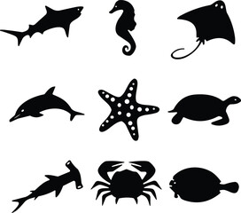 Sea Animal Silhouettes, Marine Creatures, Shark, Dolphin, Seahorse, Turtle, Crab, Starfish, Stingray, Vector Icons, Black Shapes, Isolated Graphics