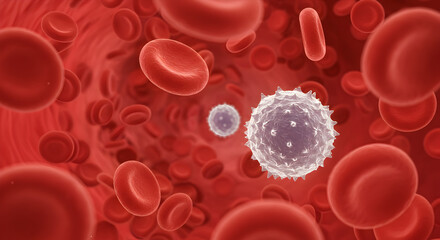 Red and white blood cells flowing through a blood vessel. Medical illustration of human blood circulation and immune system.