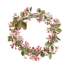 Delicate floral wreath of pink and white blossoms on a dark background for decorations