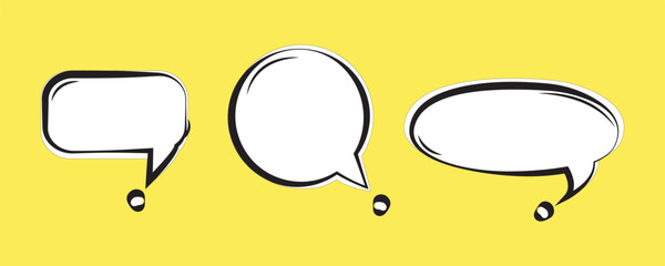 Set of cute white speech bubble icons, on yellow background.