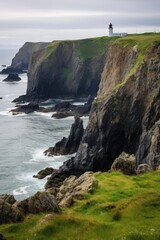 Rugged cliffs meet ocean waves with distant lighthouse rocks