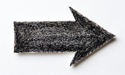 A crudely drawn, charcoal-shaded arrow pointing right on a textured white background, casting soft shadows