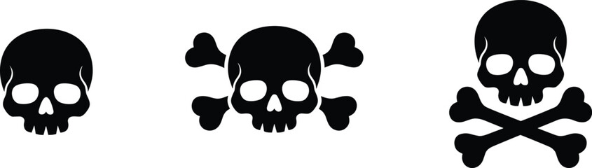 Skull icon, crossbones symbol, danger sign, poison warning, pirate emblem, hazardous graphic, black silhouette, toxic alert, death mark, vector illustration