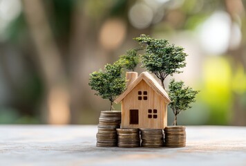 Small wooden house perched atop stacked coins, with tiny trees around it, against a blurry green outdoor backdrop