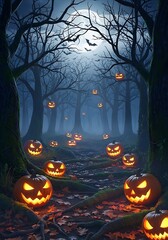 A path lined with glowing jack-o'-lanterns winds through a spooky autumn forest under a full moon.