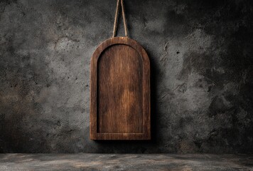 Wooden signboard hangs against textured wall. Rough and moody. Dark background. Ideal for adding your text or logo