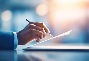 Close-up of hand signing a document over a tablet