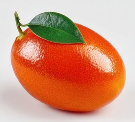 Shiny oblong orange fruit with textured skin & small green leaf sits on white backdrop, lit softly for clear, close-up, minimalist style