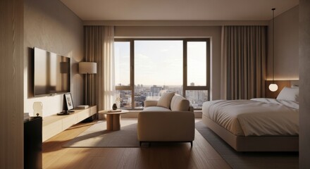 Modern Hotel Room with Large Window View of City Skyline and Comfortable Bed