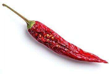 Wrinkled, dried red chili pepper lying diagonally on a bright white surface, casting a soft shadow to its lower right