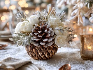 Elegant Christmas table centerpiece with a snowy pinecone, white flowers, and frosted foliage.