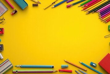 Vivid yellow background, framed by colorful school supplies?pencils, erasers, notebooks, creating a bright and inspiring learning atmosphere