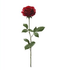 Single vibrant red rose with green leaves stands elegantly upright against a plain, bright, clean white backdrop