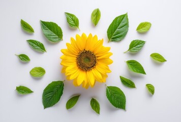A bright yellow sunflower, centered, is surrounded by fresh green leaves in a pleasing, symmetrical arrangement on a clean, white background