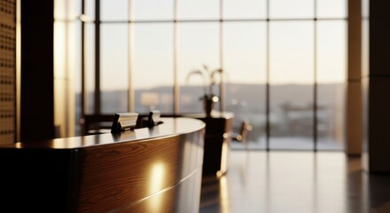 Modern Office Reception Desk with Large Window Views at Sunset