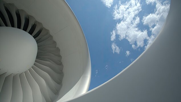 Jet engine turbine with a bright sky view