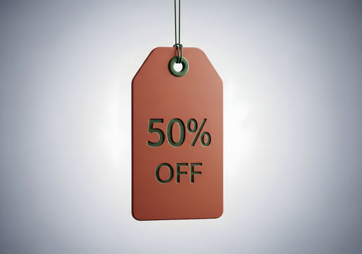 A simple, clean product tag in a terracotta color hangs from a string, showing a '50% OFF' discount in bold, modern font against a plain studio background.