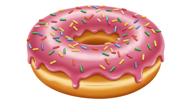 A delicious glazed pink frosted donut with colorful sprinkles artfully arranged and isolated on a clean white background for easy use isolated on white background