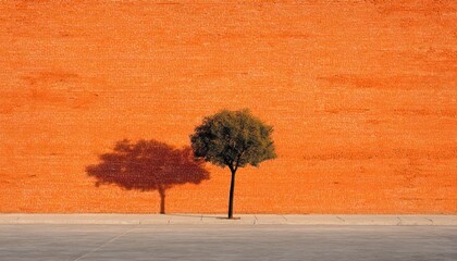 Solitary small tree casts shadow on bright orange brick wall, contrasting with gray pavement. Simple, minimalist