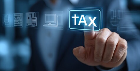 Businessperson's finger touches a glowing TAX button displayed on a digital interface, surrounded by various business technology icons