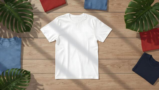 White T-shirt mockup with tropical leaves and wooden background for apparel design - Powered by Adobe
