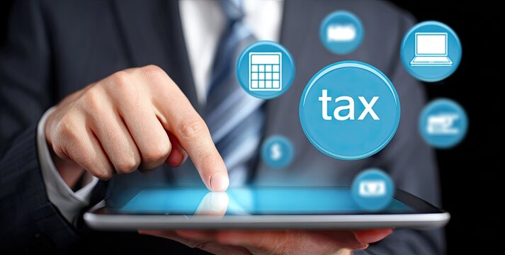 Businessperson using tablet with tax-related icons