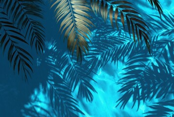 Fern fronds cast cool shadows on a bright turquoise water surface with soft ripples, creating a relaxing, summery, tropical backdrop