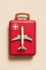 Overhead shot airplane atop red first aid kit with cross emblem on cream background