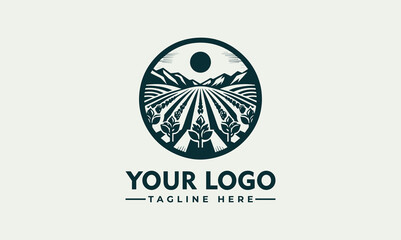 A circular logo featuring a farm field, mountains, sun, and stylized plants.