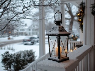Snow-covered lantern with glowing candle on porch railing during winter snowfall