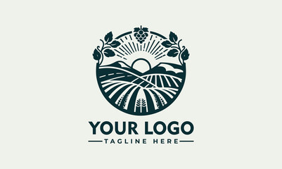 Circular logo design featuring a stylized landscape with fields, mountains, and a rising sun.