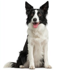 Border Collie dog, black and white fur, sitting upright and facing forward against an isolated white background