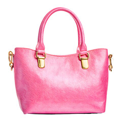 Elegant pink leather handbag with gold accents on a sleek black backdrop