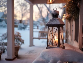 Snowy Porch Lantern at Dusk, Warm Light in Winter