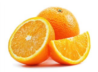 Bright, appetizing still life Whole orange, halved orange, and a slice of orange, all featuring vivid colors and textures, isolated on white